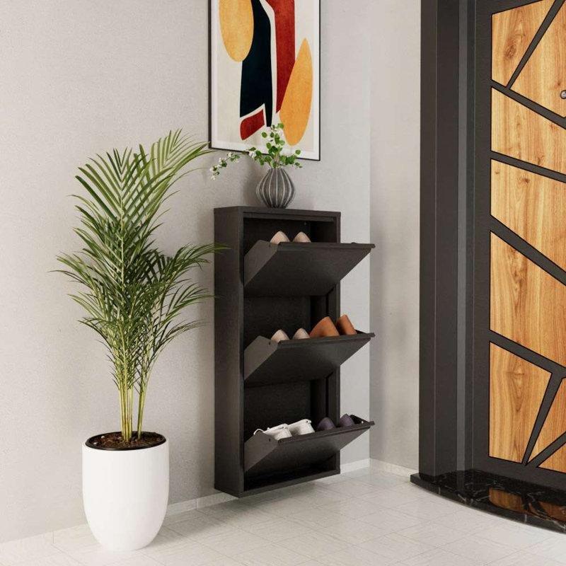 Antrasit Metal Duvara Monte Edilebilir Mıknatıslı Düşer Kapaklı Ayakkabılık - 50x103x15 cm - 229828