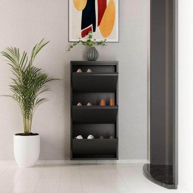 Antrasit Metal Duvara Monte Edilebilir Mıknatıslı Düşer Kapaklı Ayakkabılık - 50x103x15 cm - 229828