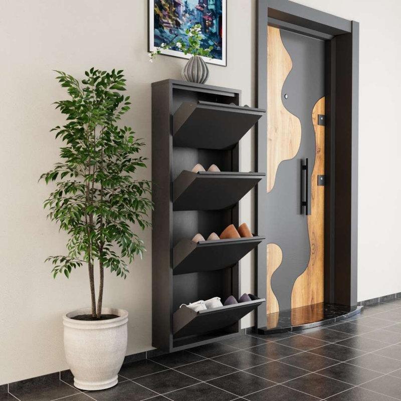 Antrasit Metal Duvara Monte Mıknatıslı Düşer Kapaklı Ayakkabılık - 50x136x15 cm - 227809