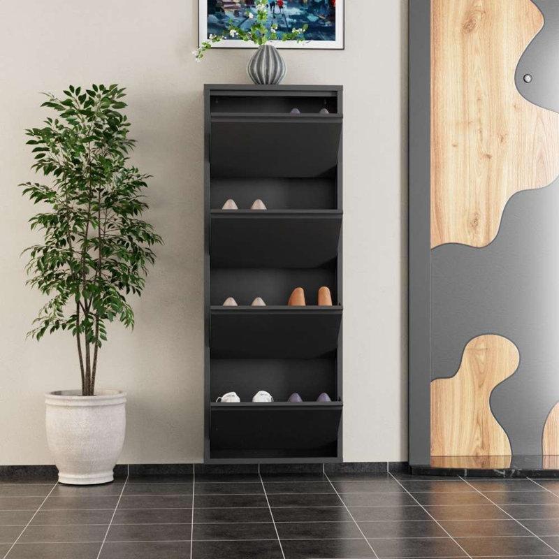 Antrasit Metal Duvara Monte Mıknatıslı Düşer Kapaklı Ayakkabılık - 50x136x15 cm - 227809
