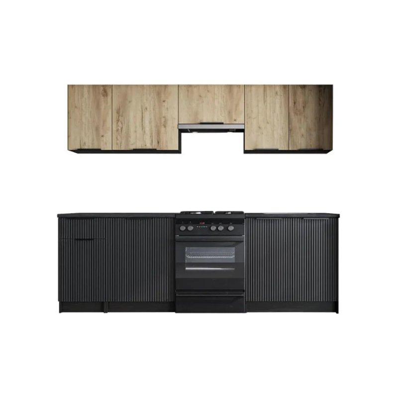 Antrasit Siyah ve Meşe Rengi MDF Yavaş Kapanır Mutfak Modeli - 240 cm - 186619