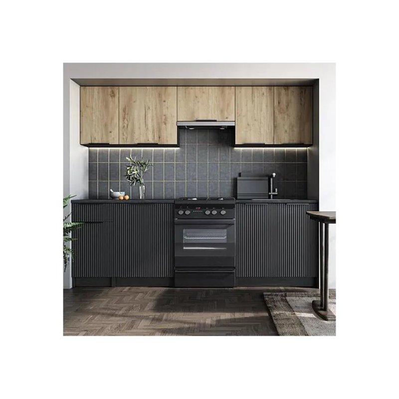 Antrasit Siyah ve Meşe Rengi MDF Yavaş Kapanır Mutfak Modeli - 240 cm - 186619