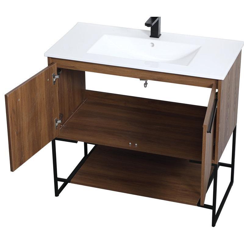 Antrasit ve Beyaz Reçine Tezgahlı Endüstriyel Ahşap Açık Raflı Banyo Lavabo Dolabı - 92 cm - 199421