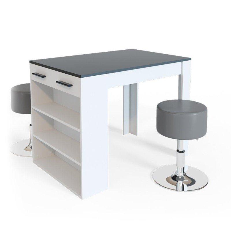 Antrasit ve Beyaz Suntalam Raflı Çekmeceli 2 Tabureli Bar Masası Seti - 67x100 cm - 232577