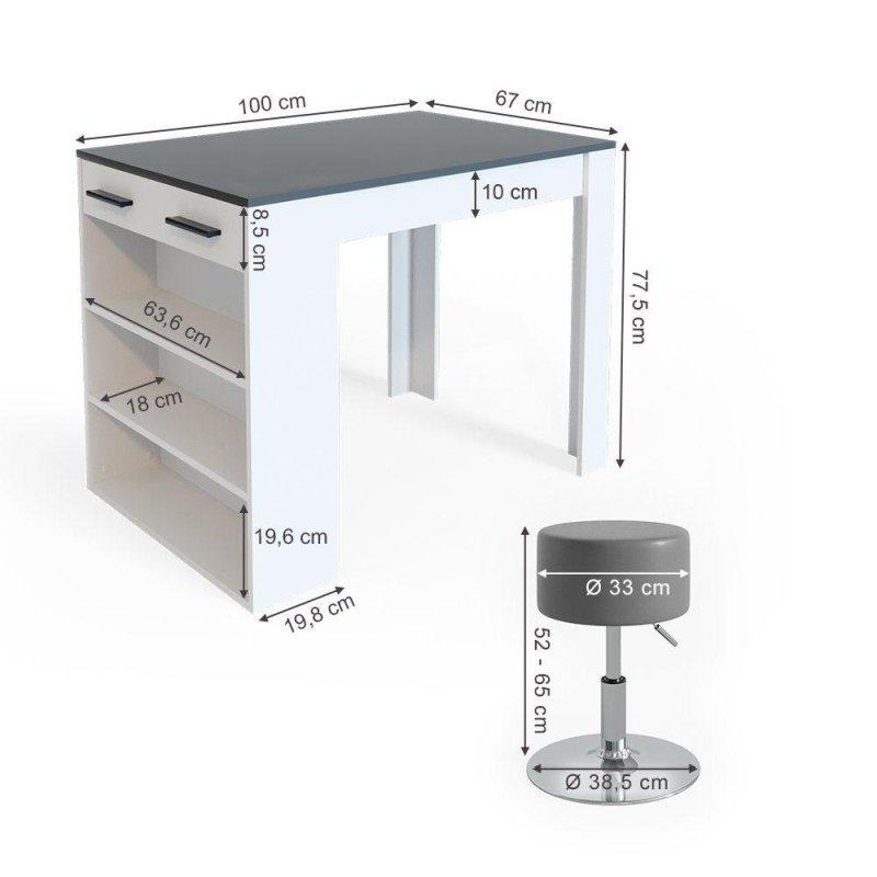 Antrasit ve Beyaz Suntalam Raflı Çekmeceli 2 Tabureli Bar Masası Seti - 67x100 cm - 232577
