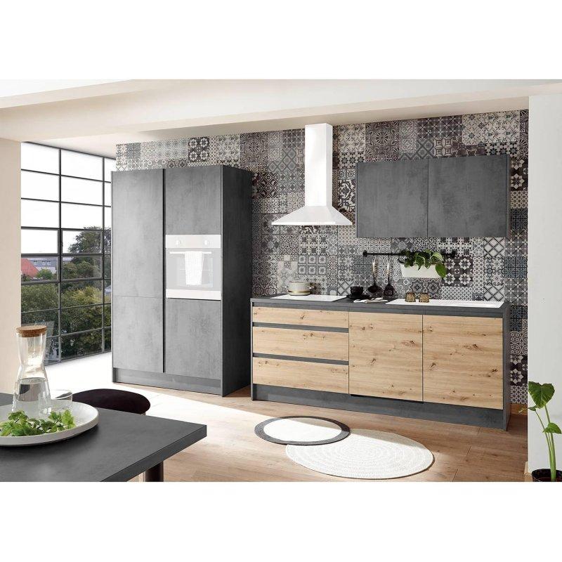 Antrasit ve Zanaatkar Meşe Yonga Levha 3 Çekmeceli Frenli Kapaklı Mutfak Modeli - 335 cm - 185813