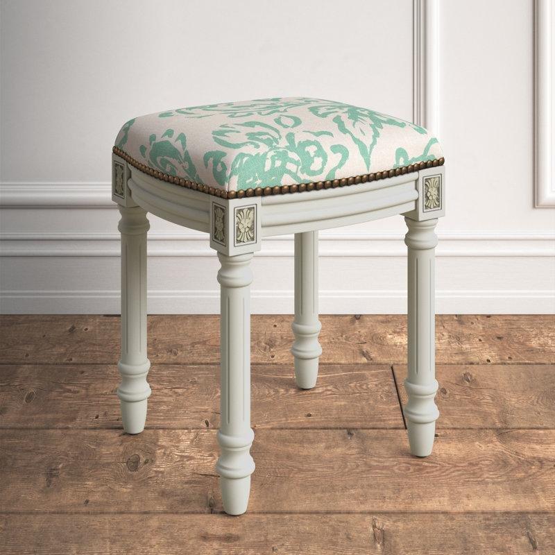 Aqua Masif Ahşap Keten Döşemeli Çiçek Desenli Makyaj Masası Pufu - 41x39 cm - 233758