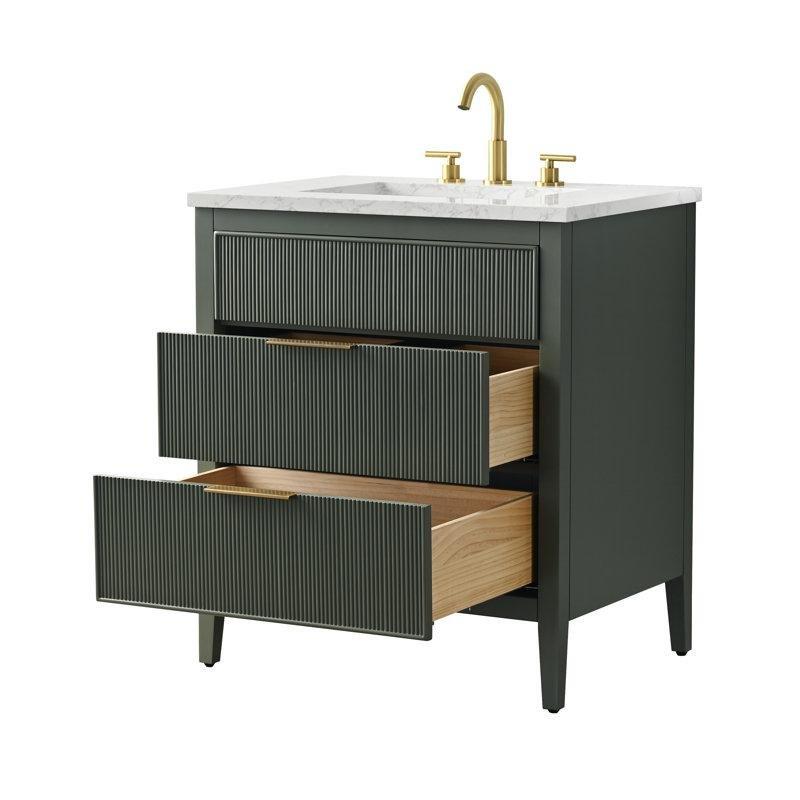 Arabescato Taş Tezgahlı Masif Ahşap Yivli Tasarım Ayaklı Banyo Lavabo Dolabı - 77 cm - 198407