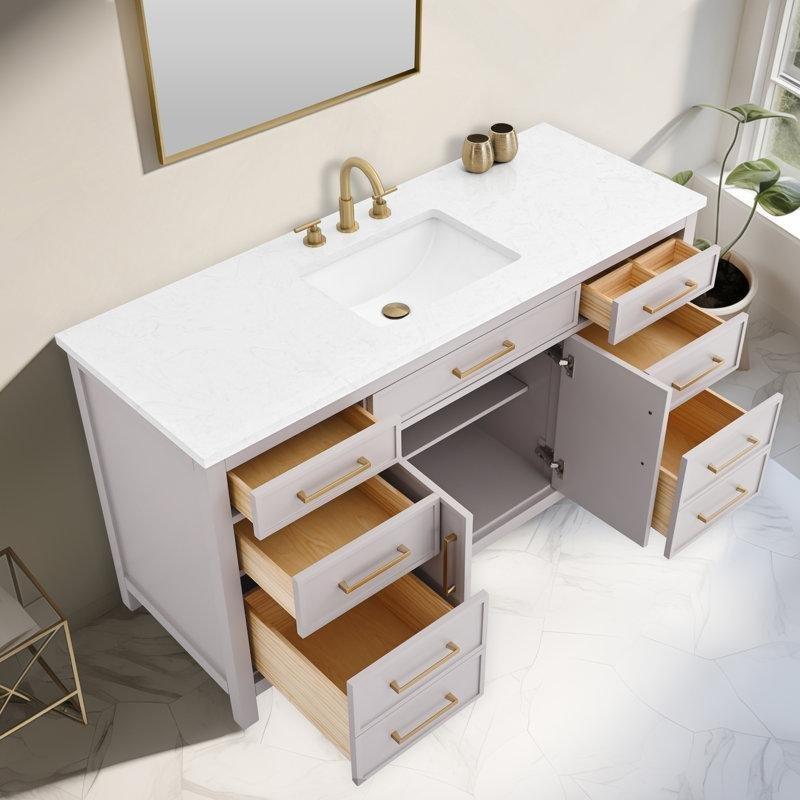 Ariston Beyazı Taş Tezgahlı Taupe Masif Ahşap Çekmeceli Banyo Lavabo Dolabı - 153 cm - 198625