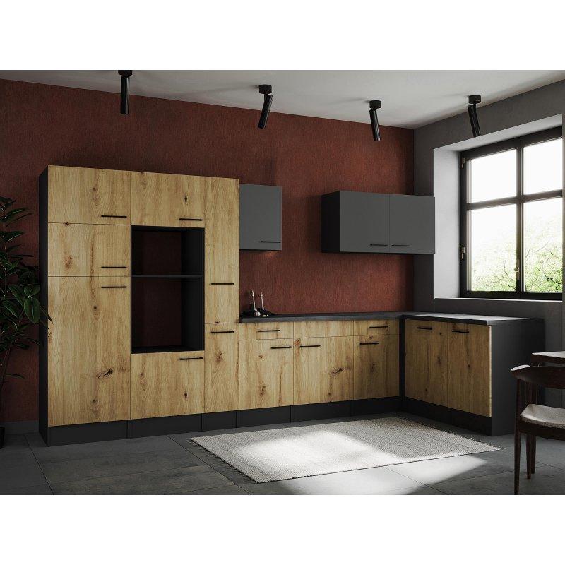Artisan Meşe ve Mat Gri Frenli Kapaklı Siyah Metal Kulplu Ahşap Köşe Mutfak Modeli - 370x172 cm - 185240