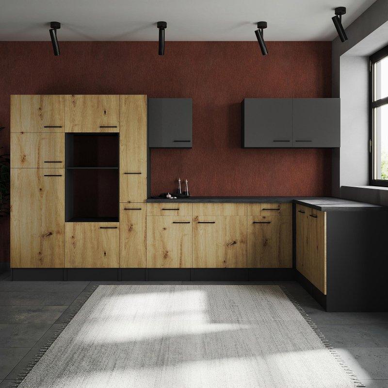 Artisan Meşe ve Mat Gri Frenli Kapaklı Siyah Metal Kulplu Ahşap Köşe Mutfak Modeli - 370x172 cm - 185240