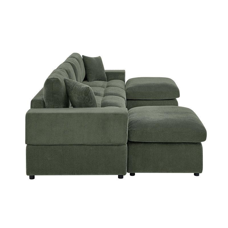 Avcı Yeşili Fitilli Kadife Modüler Ters Çevrilebilir U Şekilli Köşe Koltuk Takımı - 341 cm - 192618