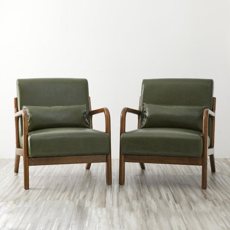 Avcı Yeşili Suni Deri Masif Ceviz Ahşap 2li Set Tekli Koltuk - 204796