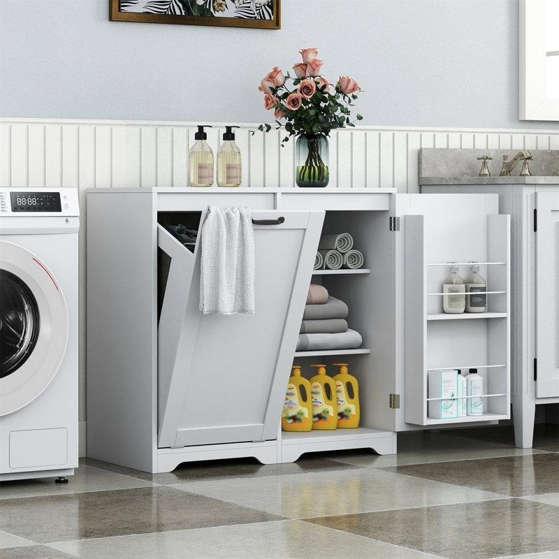 Ayarlanabilir Raflı ve Devrilir Sepetli Ahşap Dolaplı Çamaşır Sepeti - 81 cm - 187290