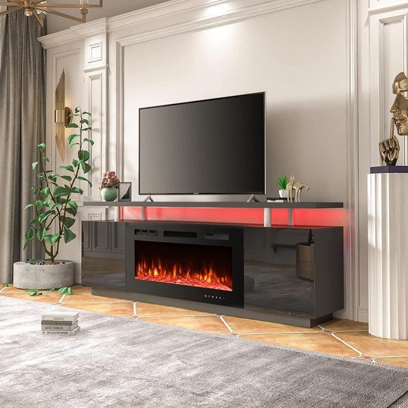 Aynalı 16 Renkli LED Işıklı Şömineli Ahşap TV Ünitesi - 178 cm - 220547