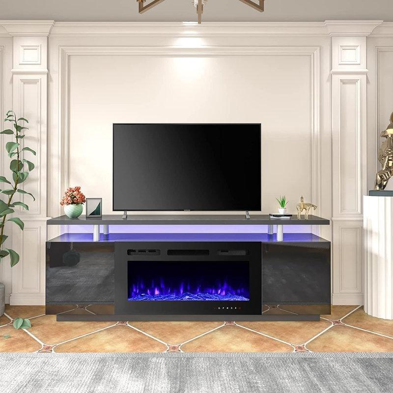 Aynalı 16 Renkli LED Işıklı Şömineli Ahşap TV Ünitesi - 178 cm - 220547