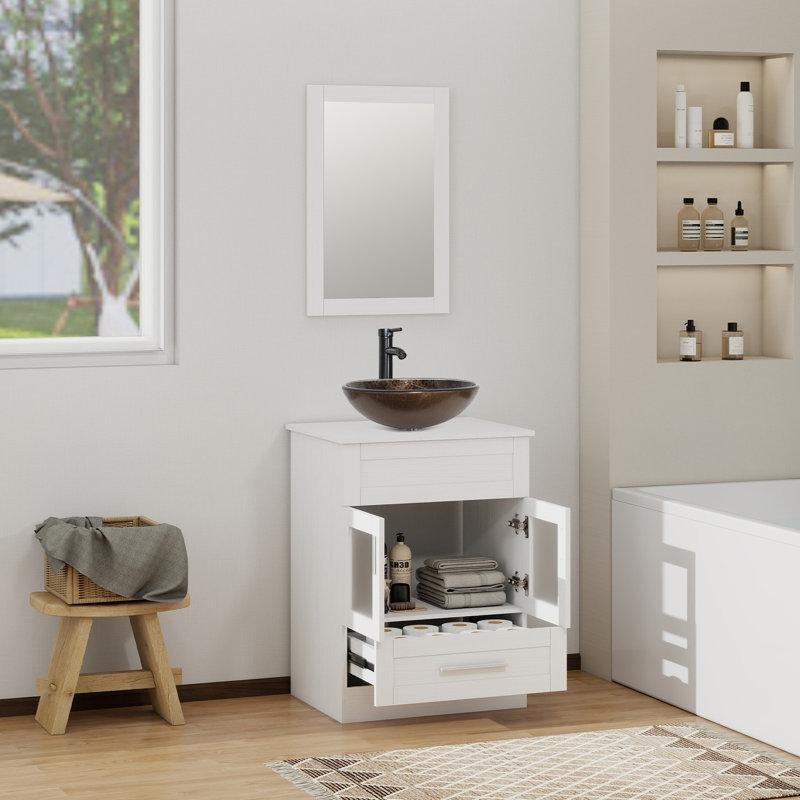 Aynalı Ahşap Tezgahlı Cam Çanak Lavabolu Çekmeceli Ayaklı Banyo Lavabo Dolabı Seti - 61 cm - 200929