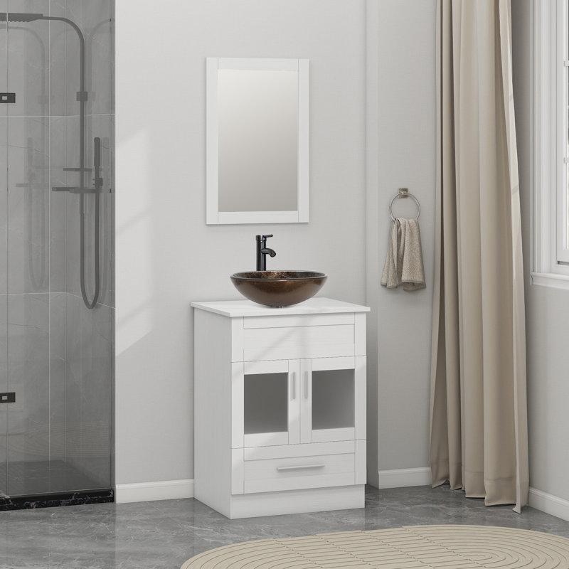 Aynalı Ahşap Tezgahlı Cam Çanak Lavabolu Çekmeceli Ayaklı Banyo Lavabo Dolabı Seti - 61 cm - 200929