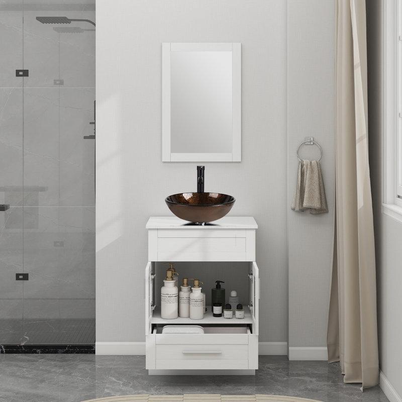 Aynalı Ahşap Tezgahlı Cam Çanak Lavabolu Çekmeceli Ayaklı Banyo Lavabo Dolabı Seti - 61 cm - 200929