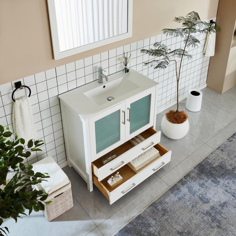 Aynalı Çekmeceli Seramik Tezgahlı Masif ve Endüstriyel Ahşap Banyo Lavabo Dolabı Seti - 92 cm - 201761
