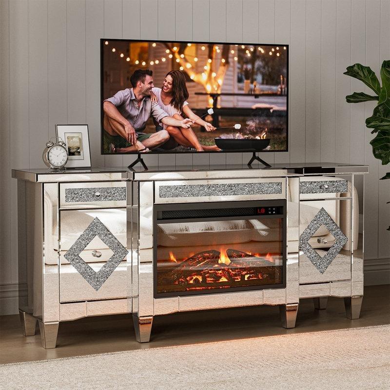 Aynalı Gümüş Kırık Pırlanta Tasarımlı Şömineli Tv Ünitesi - 145 cm - 221830