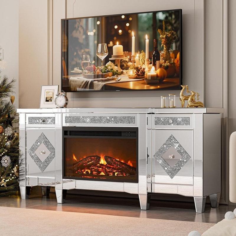 Aynalı Gümüş Kırık Pırlanta Tasarımlı Şömineli Tv Ünitesi - 145 cm - 221830