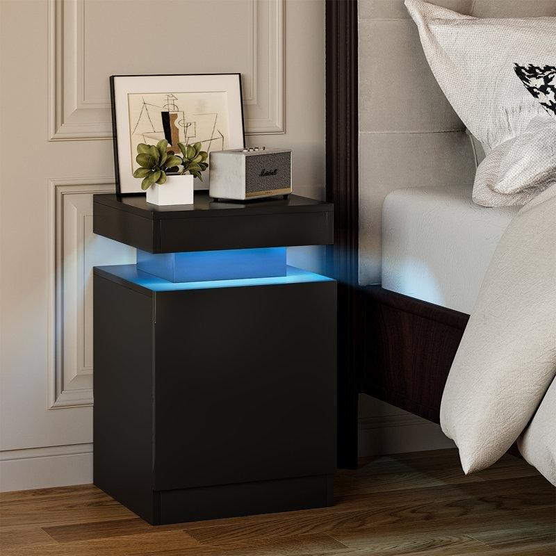 Aynalı LED Işıklı Kapaklı İkili Komodin Seti - 223465