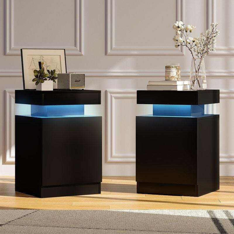 Aynalı LED Işıklı Kapaklı İkili Komodin Seti - 223465