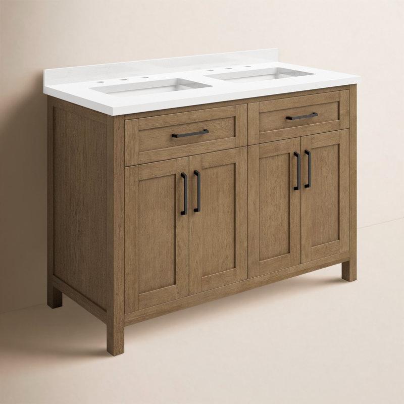 Badem Latte Masif Ahşap Endüstriyel Mermer Tezgahlı Çift Lavabolu Ayaklı Banyo Lavabo Dolabı - 122 cm - 200839
