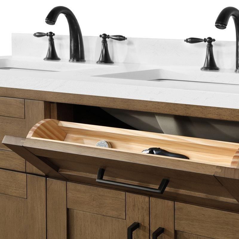 Badem Latte Masif Ahşap Endüstriyel Mermer Tezgahlı Çift Lavabolu Ayaklı Banyo Lavabo Dolabı - 122 cm - 200839