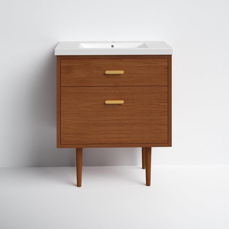 Bal Cevizi Masif Ahşap Ayaklı Çekmeceli Banyo Lavabo Dolabı - 78 cm - 199763