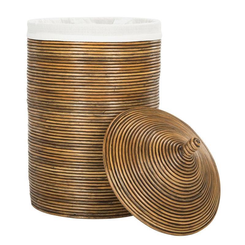 Bal Rengi Rattan Kapaklı ve Astarlı Yuvarlak Çamaşır Sepeti - 50x85 cm - 187641