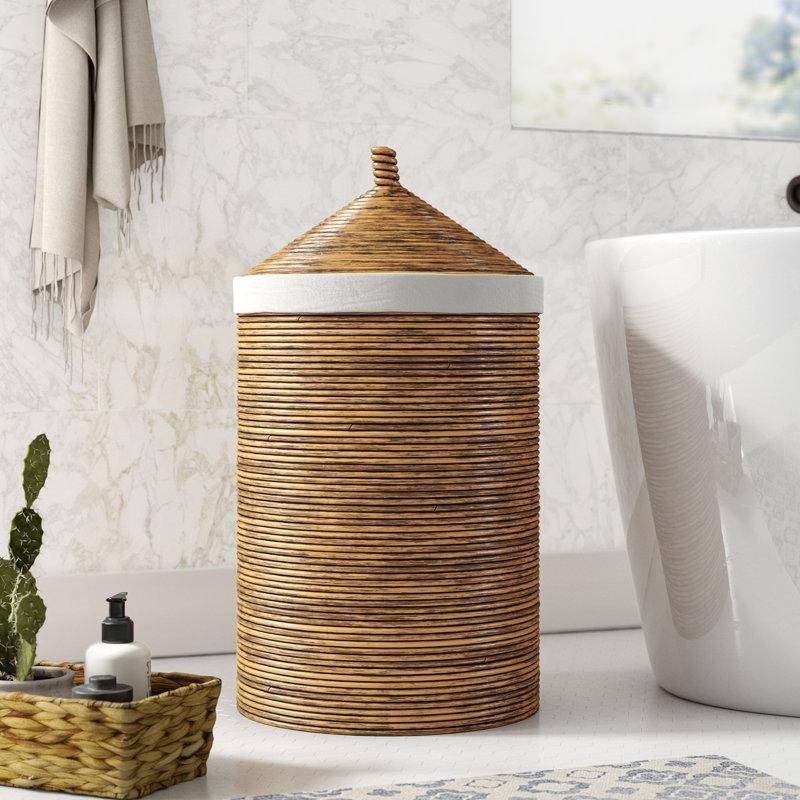 Bal Rengi Rattan Kapaklı ve Astarlı Yuvarlak Çamaşır Sepeti - 50x85 cm - 187641