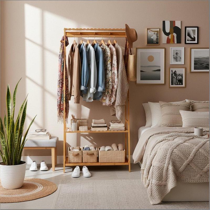 Bambu 3 Raflı ve 10 Kancalı Ayaklı Askılık - 83x44x166 cm - 165646