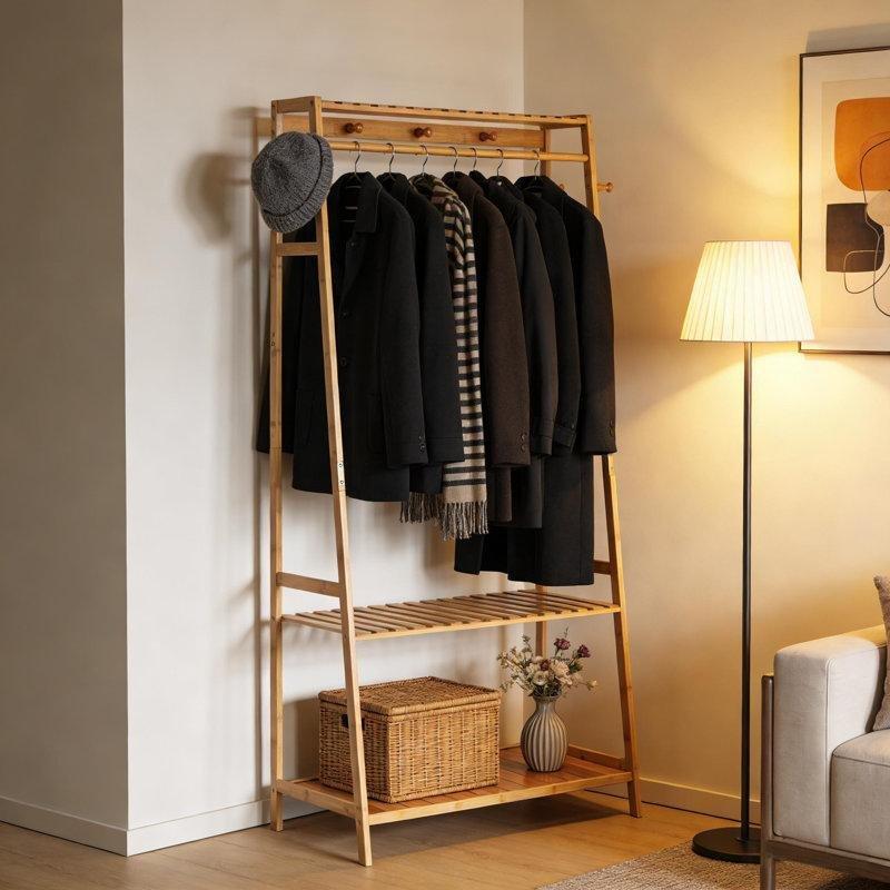 Bambu 3 Raflı ve 10 Kancalı Ayaklı Askılık - 83x44x166 cm - 165646