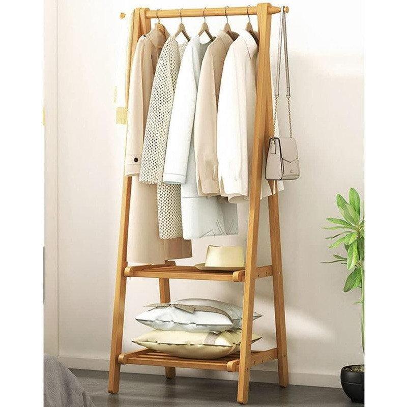 Bambu Katlanabilir Raflı Tekerlekli Ayaklı Askılık - 165424
