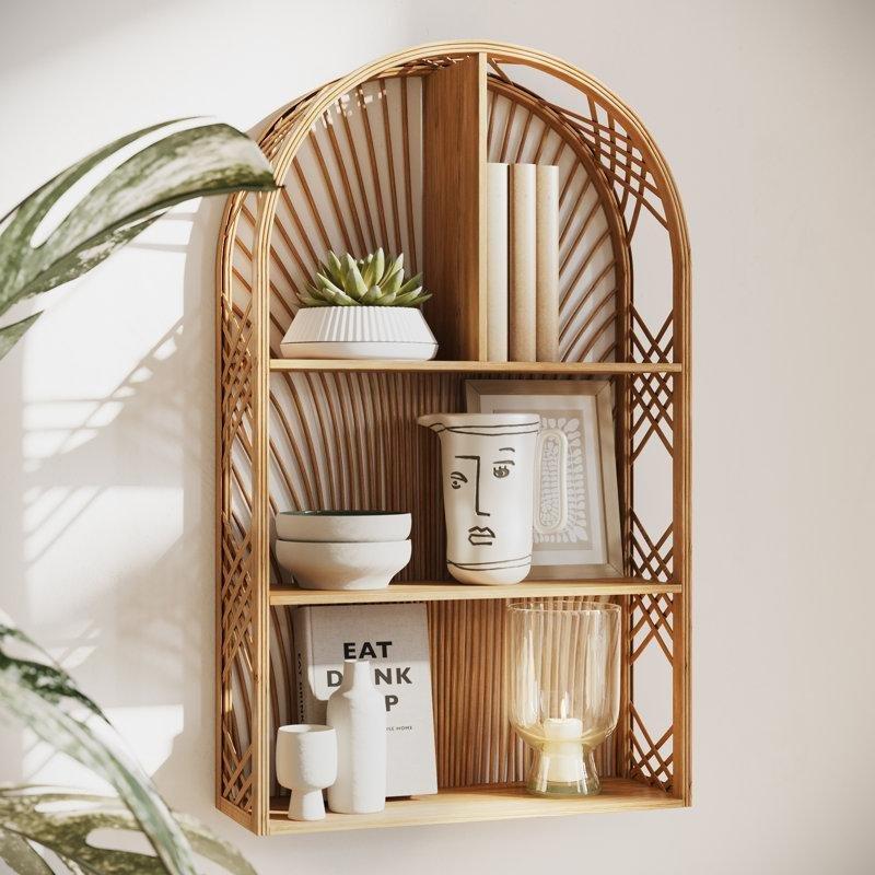 Bambu Örgü Kemerli Üç Katlı Duvar Rafı - 72x42 cm - 180100