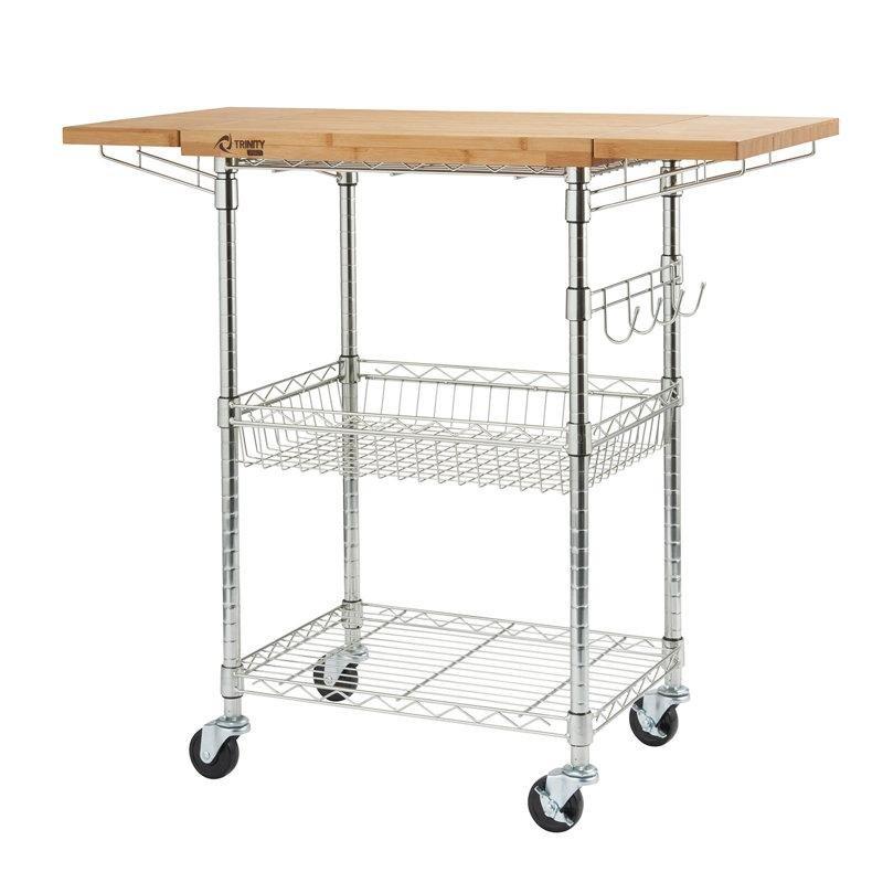 Bambu Tezgahlı Çelik Açılır Kanatlı ve Sepetli Mutfak Servis Arabası - 99x49 cm - 178397