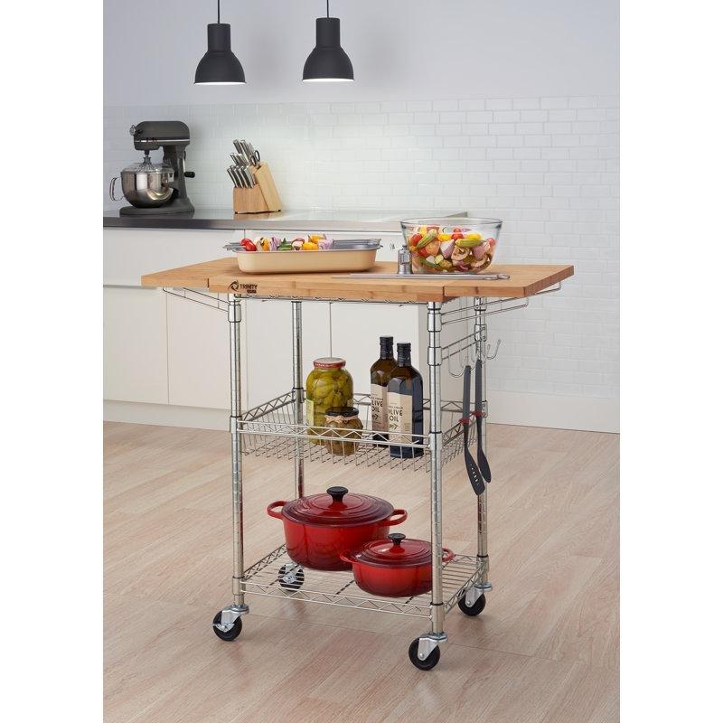 Bambu Tezgahlı Çelik Açılır Kanatlı ve Sepetli Mutfak Servis Arabası - 99x49 cm - 178397