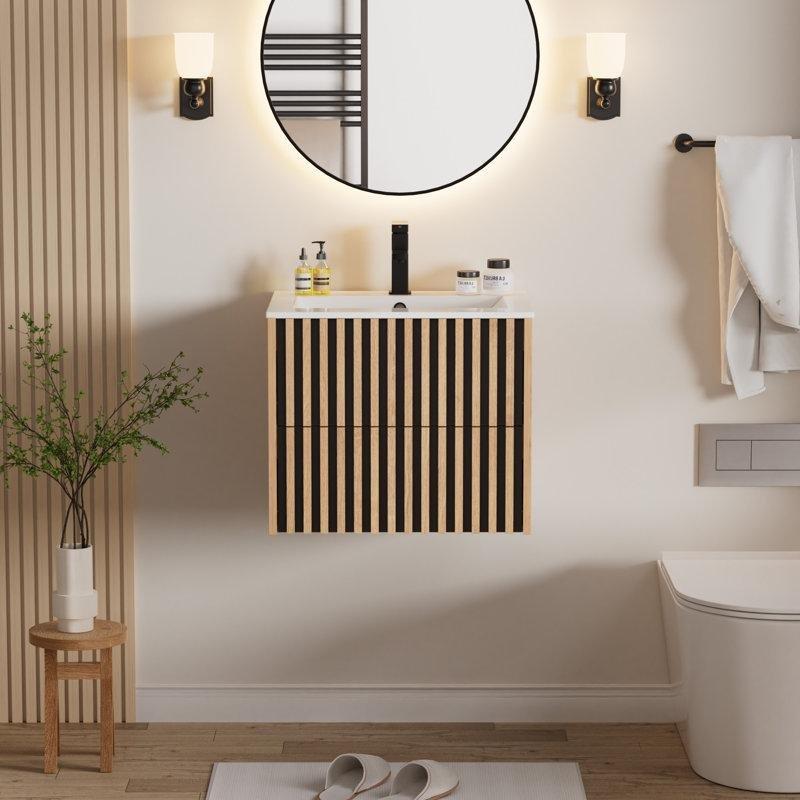 Bej Ahşap Duvara Monte Çekmeceli Banyo Lavabo Dolabı - 61 cm - 199782