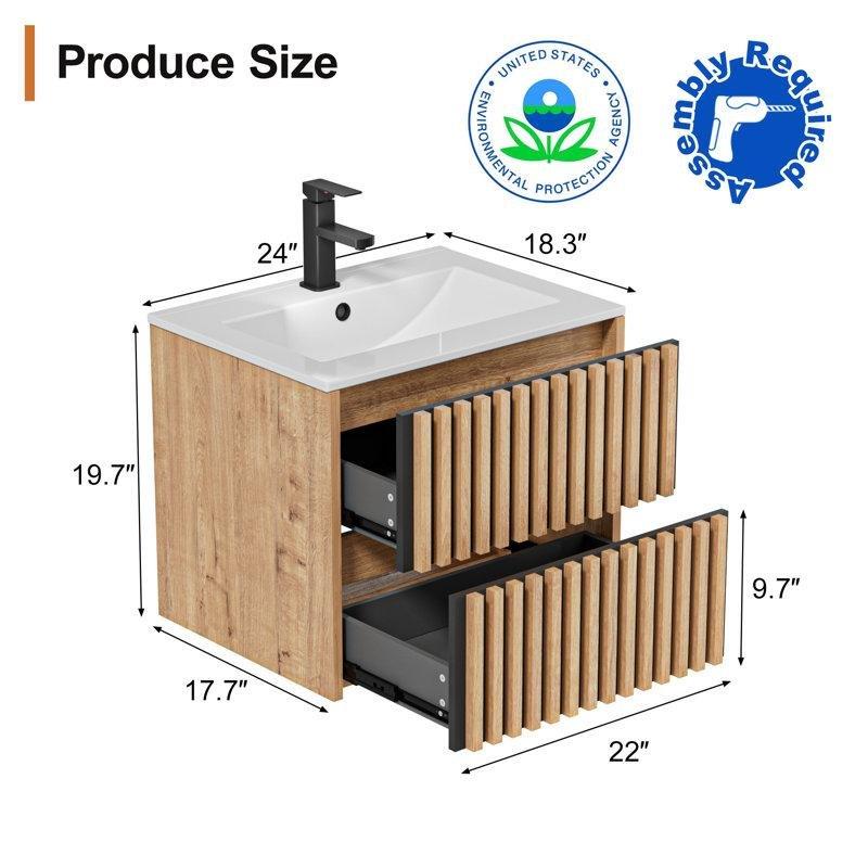 Bej Ahşap Duvara Monte Çekmeceli Banyo Lavabo Dolabı - 61 cm - 199782