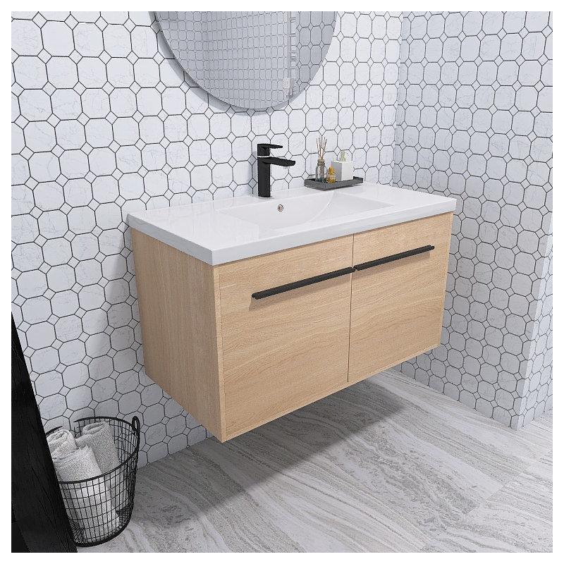 Bej Ahşap Duvara Monte Yavaş Kapanır Banyo Lavabo Dolabı - 91 cm - 197658