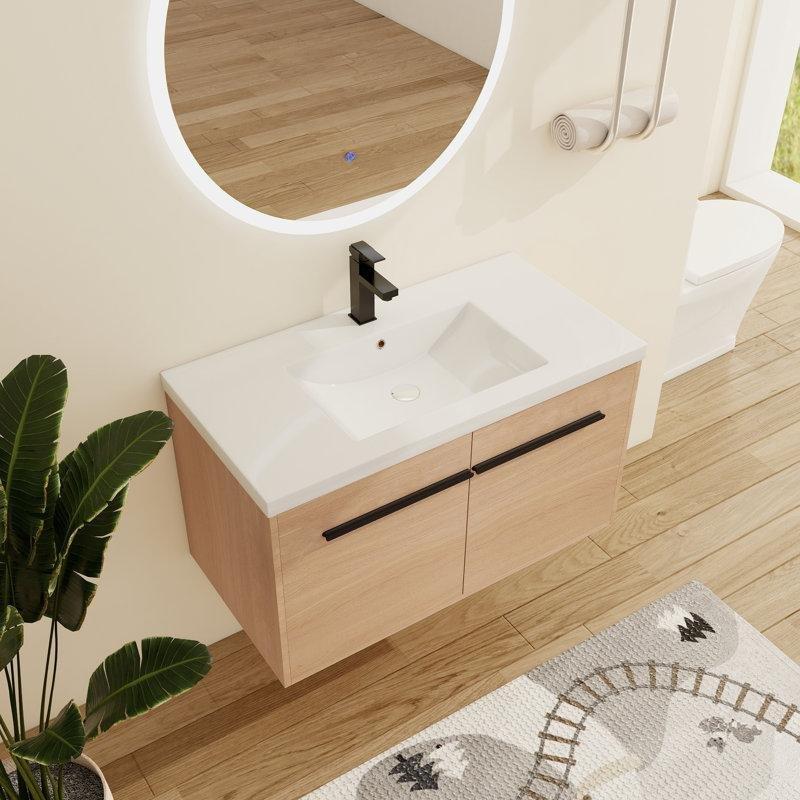 Bej Ahşap Duvara Monte Yavaş Kapanır Banyo Lavabo Dolabı - 91 cm - 197658