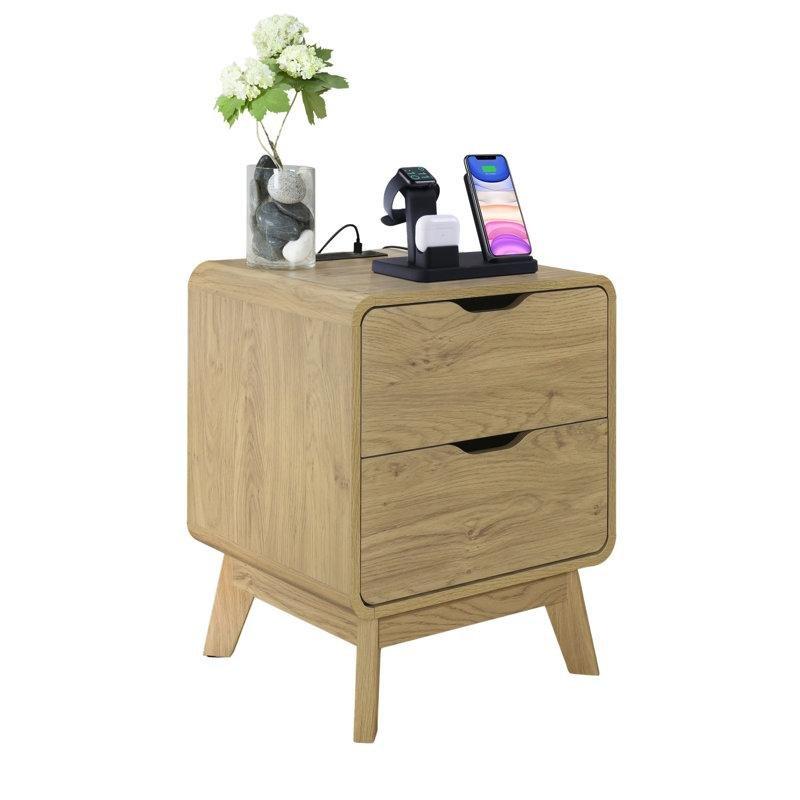 Bej Ahşap Prizli USB Girişli İki Çekmeceli Komodin - 49x40x60 cm - 224099