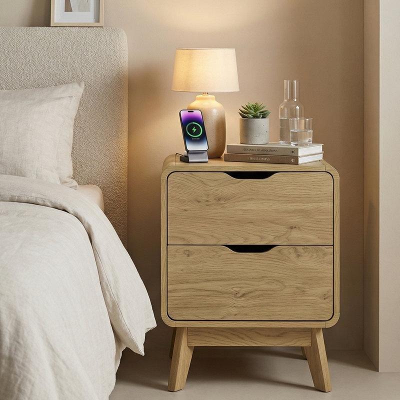Bej Ahşap Prizli USB Girişli İki Çekmeceli Komodin - 49x40x60 cm - 224099