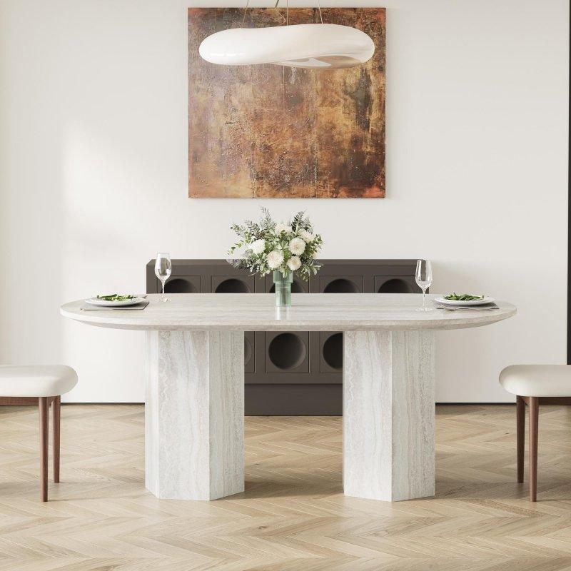Bej Ahşap Traverten Dokulu Oval Çift Ayaklı 6 Kişilik Bohem Yemek Masası - 181x90 cm - 237675