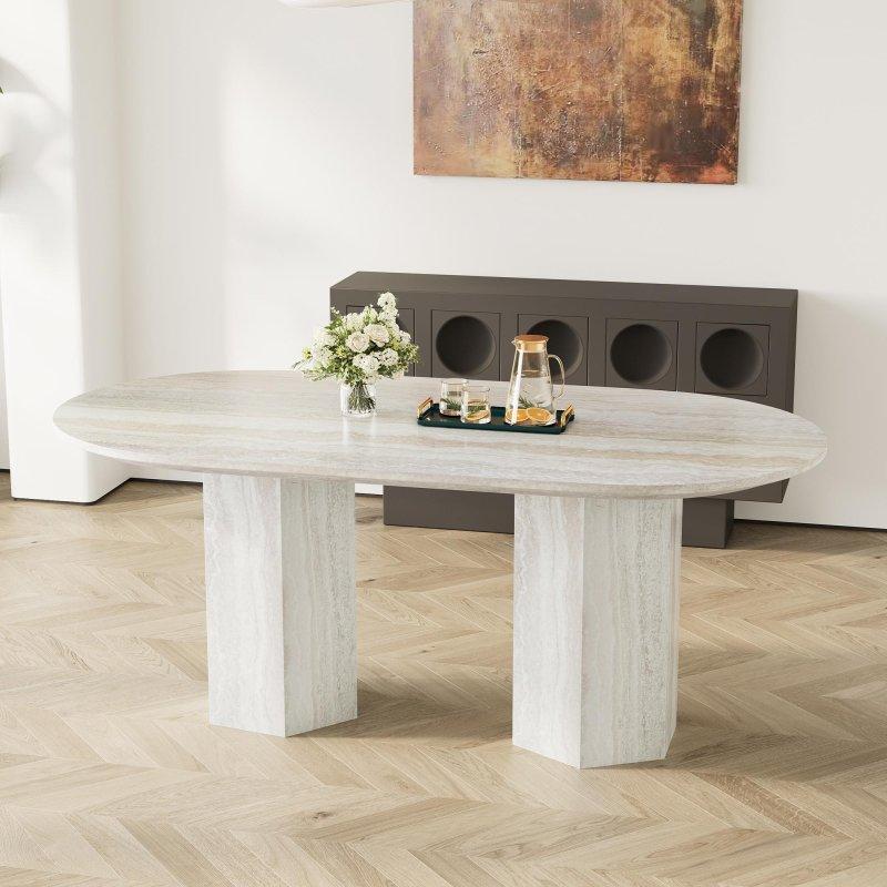 Bej Ahşap Traverten Dokulu Oval Çift Ayaklı 6 Kişilik Bohem Yemek Masası - 181x90 cm - 237675