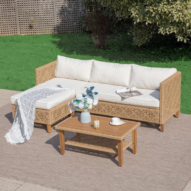 Bej Akasya Ağacı Ayaklı Elmas Desenli Rattan Sol Köşe Bahçe Takımı - 212356