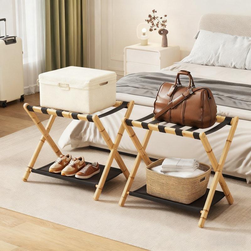 Bej Bambu Katlanabilir Raflı 2li Set Valiz Sehpası - 68x43x58 cm - 186959