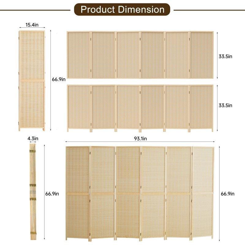 Bej Bambu ve Masif Çam Ahşap Katlanır 4 Panelli Paravan - 170x158 cm - 184623